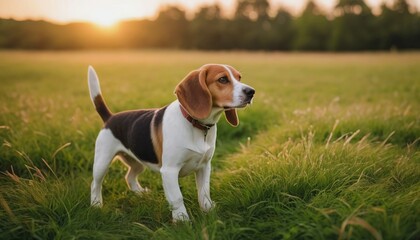 Beagle dog, dog at dawn, purebred dog in nature, happy dog, beautiful dog
