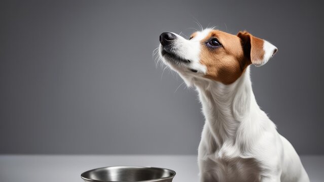 A dog next to an empty bowl waiting for food on a gray background.