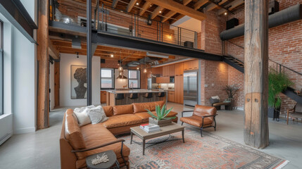 A former textile mill turned modern masterpiece this adaptive reuse home showcases exposed brick walls towering ceilings and original wooden beams. The stunning transformation - obrazy, fototapety, plakaty