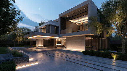 Fototapeta premium Every aspect of this home exudes minimalism and modernity from its sleek exterior to its meticulously designed interior. The use of neutral colors natural materials and strategic