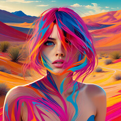 an illustration of a woman with colorful hair, digital art, bright colors, realistic detailed 3d illustration

