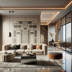 Modern Minimalist Living Room Interior with Elegant Sofa, Artistic Wall Design, and Contemporary Lighting