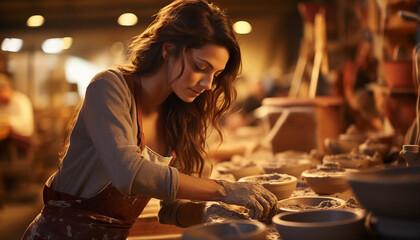 pottery skill. girl works with clay in a professional circle.  - obrazy, fototapety, plakaty