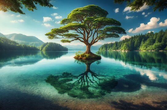a tree in the center of a beautiful lake