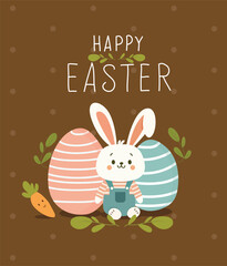 Bunny and Eggs With Carrots, A Whimsical Easter Arrangement for Delightful Celebrations. Vector Illustration.	