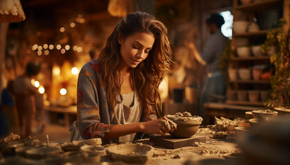 pottery skill. girl works with clay in a professional circle.  - obrazy, fototapety, plakaty