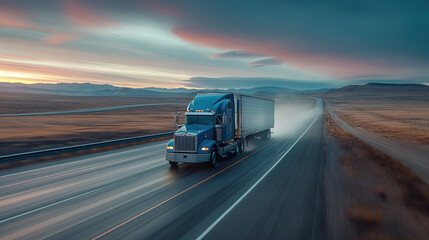 Truck Transportation logistics in action: A blue semi speeds through a desert road with snowy mountains backdrop, epitomizing reliable freight delivery across diverse terrains - obrazy, fototapety, plakaty
