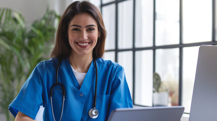 Retrato de uma médica sorridente com estetoscópio trabalhando em laptop no escritório - obrazy, fototapety, plakaty