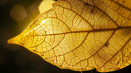 Obraz premium A dewcovered leaf is illuminated by the backlight showcasing intricate patterns and details that would otherwise go unnoticed.