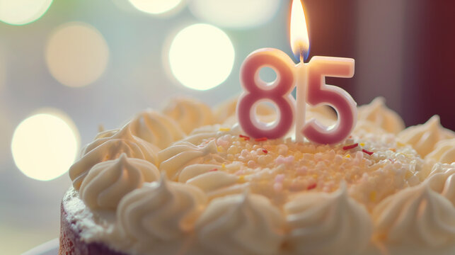 Bolo de aniversário com número 85 iluminado em fundo verde com granulado colorido