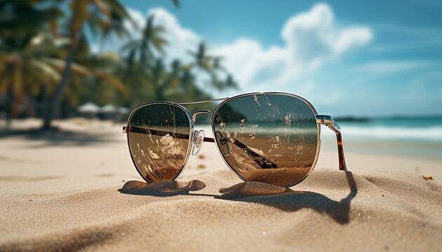 sunglasses on the sand against the background of the beach. 