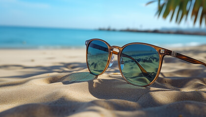 Fototapeta na wymiar sunglasses on the sand against the background of the beach. 