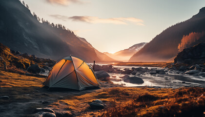 tent against the backdrop of dawn in the mountains near a river with a blurred background