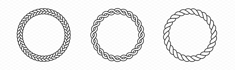 Braid circle frame. Round braided ring. Twisted rope ornament - obrazy, fototapety, plakaty