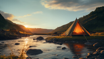 tent against the backdrop of dawn in the mountains near a river with a blurred background