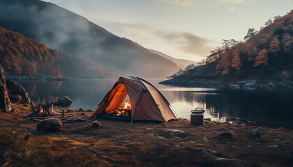 tent against the backdrop of dawn in the mountains near a river with a blurred background - obrazy, fototapety, plakaty