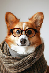 Funny And Cute Corgi In Glasses And Scarf, Cute Dog In Clothes Illustration For Postcard, Calendar Or Sticker