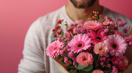 Man Holding a Bouquet of Pink Flowers