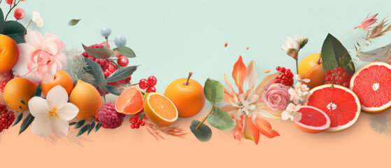 Array of Citrus Fruits and Berries with Delicate Spring Flowers on a Pastel Blue Background