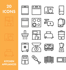 Zestaw ikon urządzenia kuchenne. Grafika wektorowa wyposażenia kuchennego.  - obrazy, fototapety, plakaty