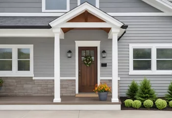 Selbstklebende Fototapeten A grey modern farmhouse front door with a covered porch, wood front door with glass window, and grey vinyl and wood siding. © JazzRock