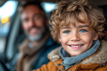 Smiling son learning to drive car with father see