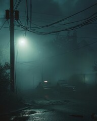 Foggy night in the village. Road through the village. A chilling image capturing the fog-covered streets, with the iconic radio crackling as otherworldly creatures lurk in the mist.