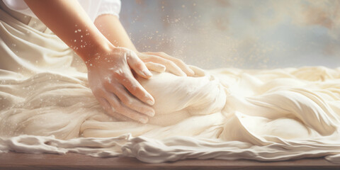 Hands Molding Soft Dough amidst a Magical Sprinkle of Flour