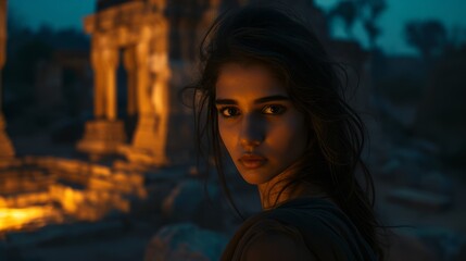 Obraz premium Beautiful brunette girl at sunset in Hampi, India. Sultry brunette gazes thoughtfully into the camera against the mystical ruins of Hampi. The ethereal glow of twilight illuminates her features. 