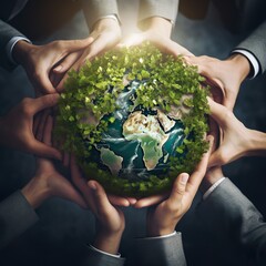 Green friendly eco Hands of business people Embracing Green Globe.Protecting Planet Together.Environment Earth Day. Responsibility for the environment. Ecosystem and Organization Development ESG csr - obrazy, fototapety, plakaty