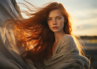 Fototapeta premium Beautiful red-haired girl with long hair in the wind