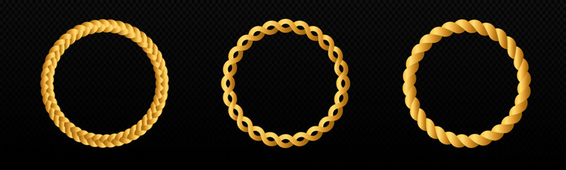 Braid circle golden 3d frame. Round braided ring. Twisted rope ornament - obrazy, fototapety, plakaty