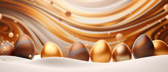 Chocolate Easter Eggs on Swirling Caramel and Mocha Backdrop - obrazy, fototapety, plakaty