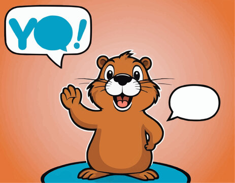 Beaver Cartoon Mascot Character Waving For Greeting With Speech Bubble And Text Yo!
