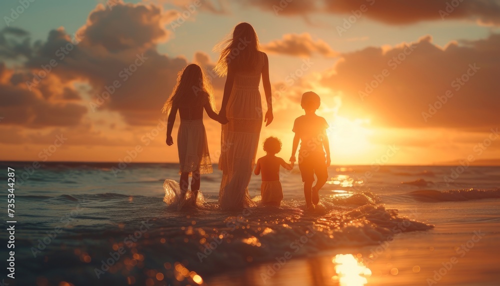 Wall mural mother and her children walking on the beach - Wall murals