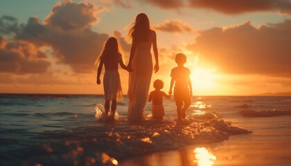 Mother and her children walking on the beach - obrazy, fototapety, plakaty