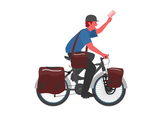 Fototapeta na wymiar Mailman riding bicycle. Simple flat illustration.