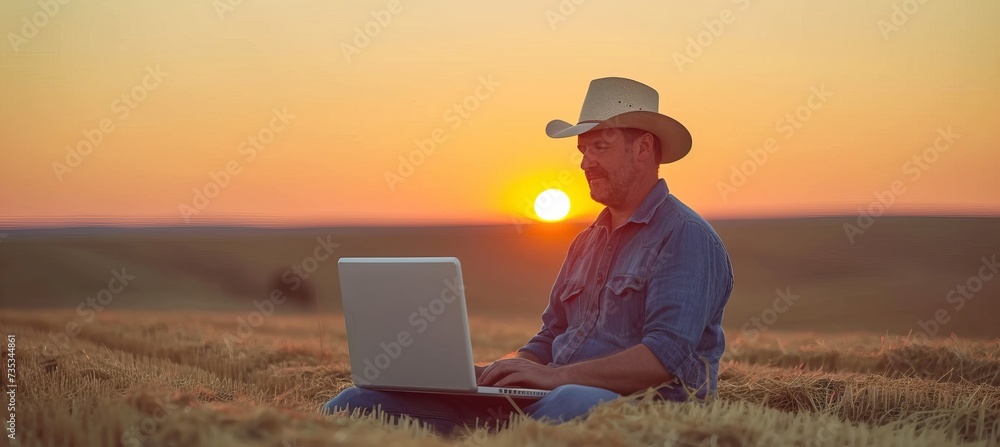 Poster modern farmer using laptop in agricultural field with defocused background for text placement