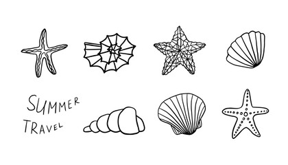 Set of different types of seashells in doodle style. marine shell, starfish, snail, scallop. Travel design. Beach. Hand drawn. Summer time.