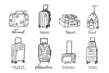 Set of types of suitcases. Travel suitcases, luggage, children's suitcase, carry-on bag, makeup case, small suitcase on wheels, weekend bag, outsize suitcase. Travel design. Hand drawn. Doodle style.