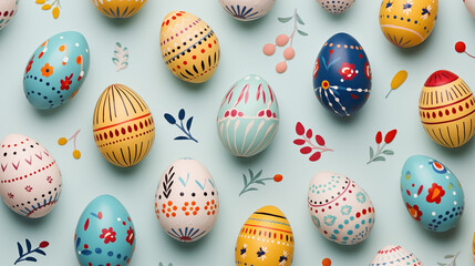 Assorted Patterned Easter Eggs on Pastel Background - obrazy, fototapety, plakaty
