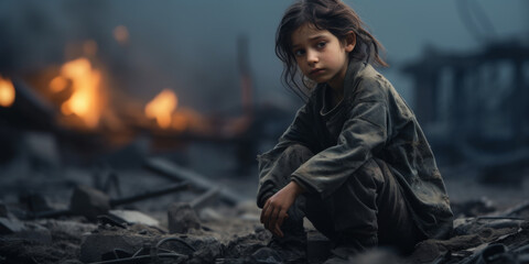 Fototapeta na wymiar Child sits on rain-soaked rubble, reflecting a haunting resilience amid the glowing embers of devastation