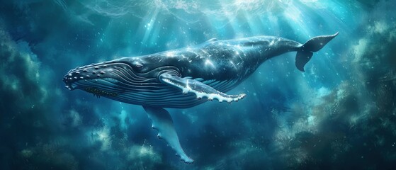 Humpback Whale Gliding Beneath the Blue Ocean Depths, an Exquisite Depiction of Marine Life - obrazy, fototapety, plakaty