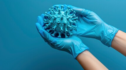 Medical Preparedness. Hand in Blue Gloves Holding a Model of the Coronavirus, Symbolizing Vigilance and Protection Against the Virus.