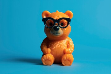 A fake bear with glasses on a blue background