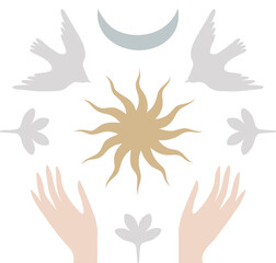 Vector hand-drawn symmetrical illustration with bird, flower, sun, and woman's hands.  Ethnic ornamental composition isolated on a white background.