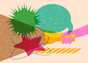 Risograph Flashlight with speech bubble with geometric shapes. Objects in trendy riso graph print texture style design with geometry elements.