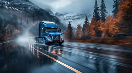 Truck Transportation logistics in autumn: A sleek blue semi-truck speeds on a wet road, flanked by vibrant fall foliage, showcasing the efficiency of cargo transport in seasonal weather