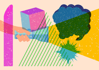 Risograph Flashlight with speech bubble with geometric shapes. Objects in trendy riso graph print texture style design with geometry elements.