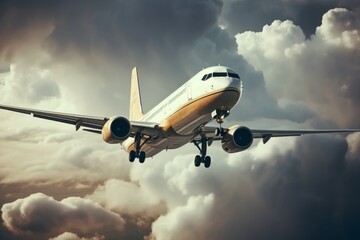 Fototapeta premium Commercial airplane flying through the beautiful, cloudy sky and leaving trails behind